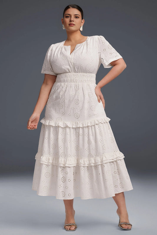 Roselledress plus size white eyelet lace midi prom dress notch neck short sleeve tiered ruffle front view