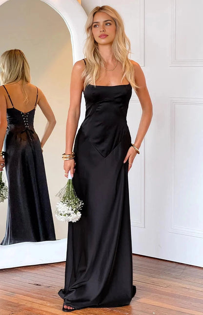 RoselleDress black satin A-line evening dress square neck spaghetti straps geometric seam white studio shot