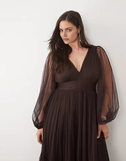 V‑Neck Puff Long Sleeve Tiered Tulle Maxi Plus Size Wedding Guest Dress