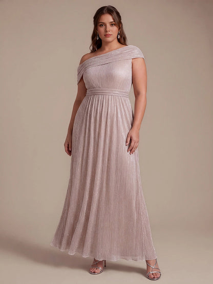 Roselledress Metallic Green A Line Off Shoulder Cap Sleeve Open Back Floor Length Plus Size Wedding Guest Dress 