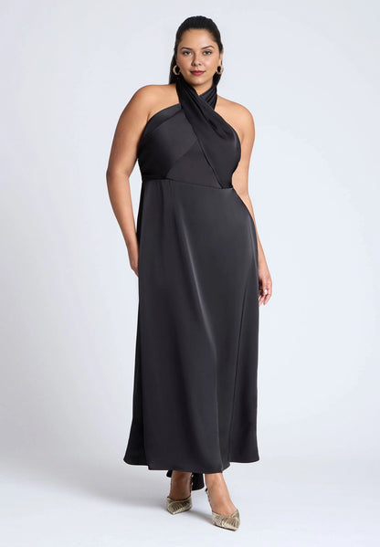 Chartreuse Satin Halter Neck Cross Over Maxi Plus Size Wedding Guest Dress
