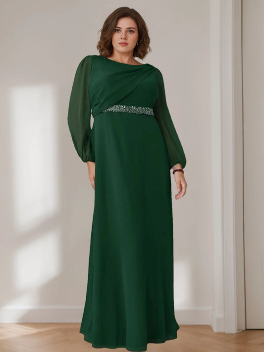 roselledress dark green plus size mother of the bride floor a-line chiffon dress boat neck draped bodice sheer bubble long sleeve sparkly beaded waistband wedding formal gown