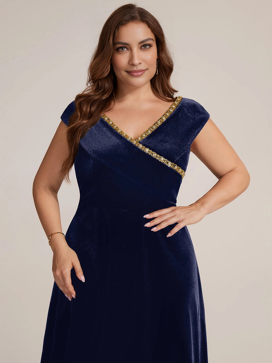 Navy Velvet Beaded Cap Sleeve Midi Plus Size Mother of the Bride Dress
