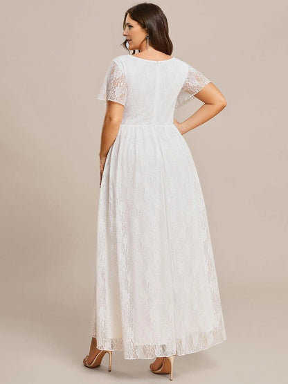 Elegant Plus Size A-Line Wrap V-Neck Flutter-Sleeve Zipper-Back High-Low Mother of Bride Dress