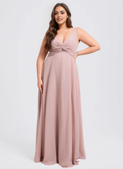 Roselledress dusty pink shimmer pleated deep V plus size floor-length bridesmaid dress front view
