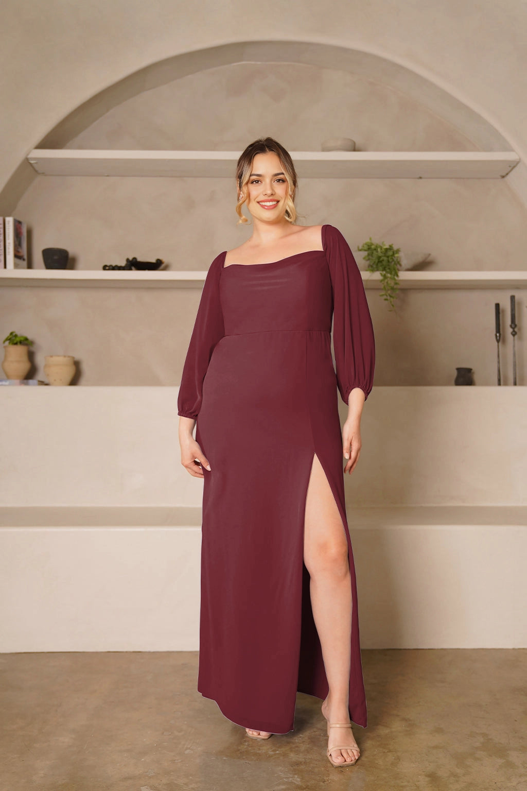 Elegant Sheath Square Neck Balloon Sleeve Zipper Back Plus Size Bridesmaid Dress