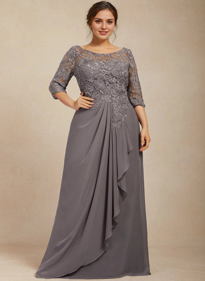 roselledress grey plus size mother of bride maxi dress bateau neck 3/4 sleeve lace chiffon formal gown