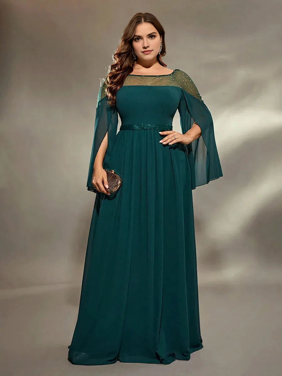 Modest A‑Line Bateau Neck Flared‑Sleeve Keyhole‑Back Floor‑Length Plus Size Mother Of The Bride Dress