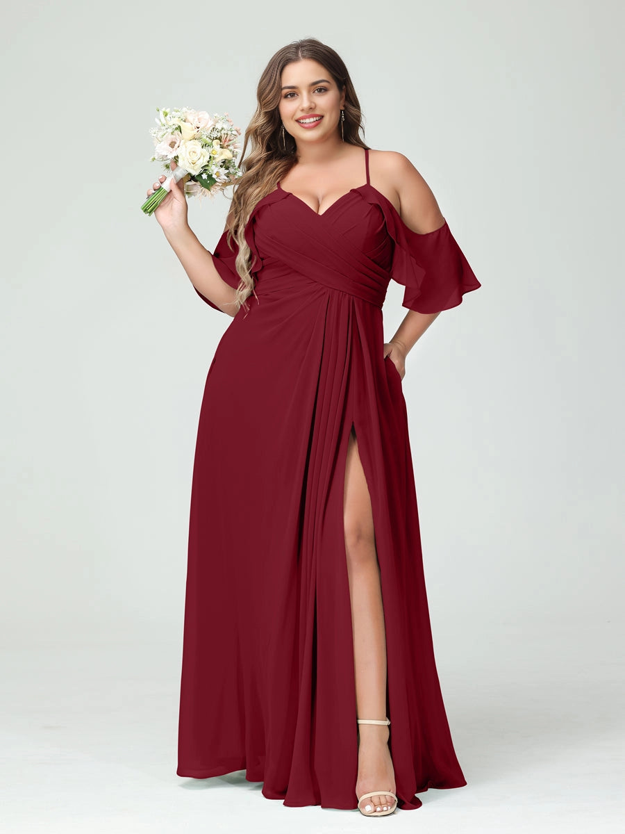 Romantic A‑Line V‑Neck Off Shoulder Keyhole Back Floor‑Length Sage Green Chiffon Slit Plus Size Mother Of The Bride Dress