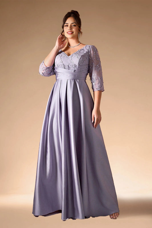Roselledress dusty lavender plus size evening dress v‑neck 3/4 lace sleeve satin a‑line floor‑length mother of bride gown
