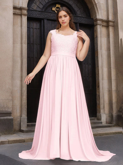 RoselleDress dusty pink plus size bridesmaid dress sleeveless lace scoop neck satin waistband flowy chiffon train formal gown