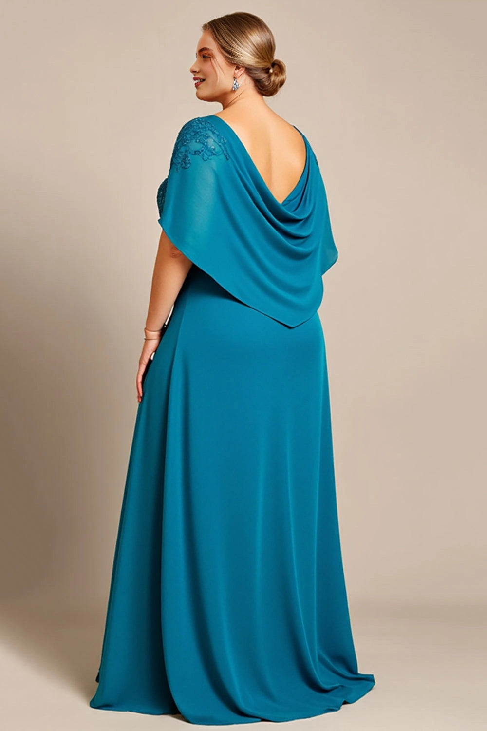 Roselledress chiffon formal dress plus size sequin lace cowl back maxi wedding guest dress back view