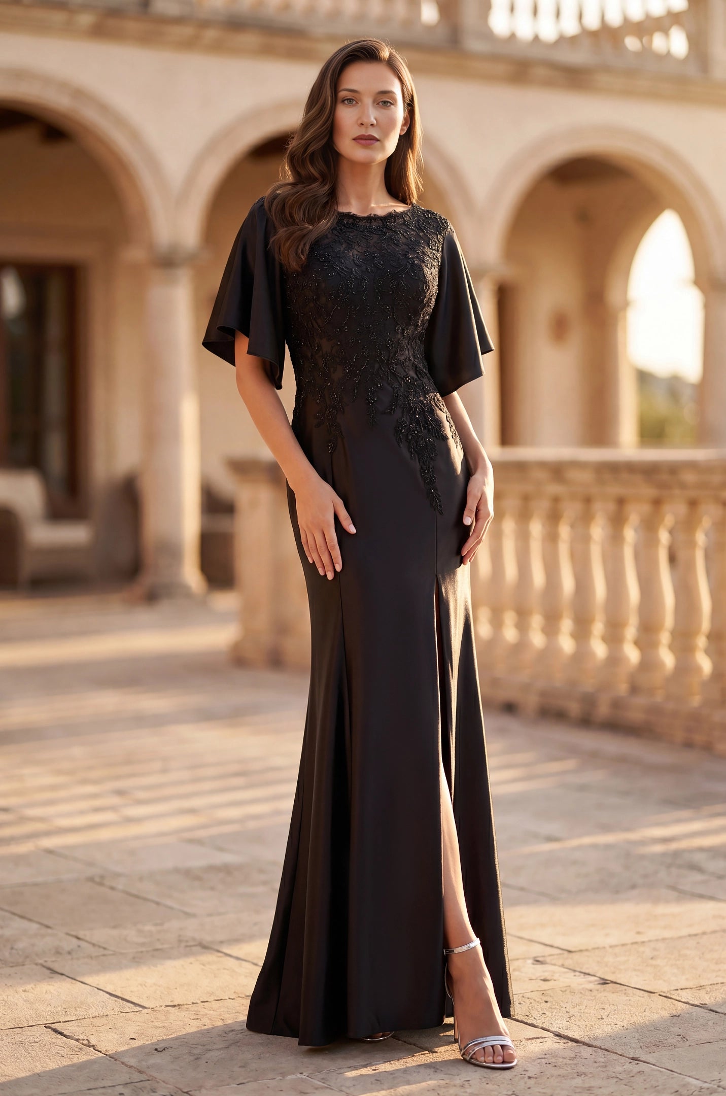roselledress black lace beaded mermaid mother of the bride dresses front view round neck flutter sleeve front slit floor length satin evening gown