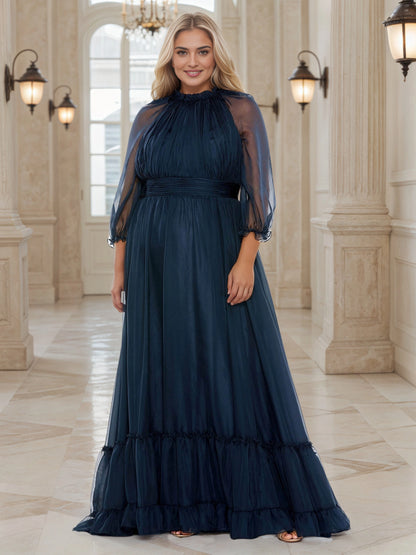 Plus‑Size High Neck Ruffled Chiffon 3/4 Sleeve A‑Line Floor‑Length Wedding Guest Dress