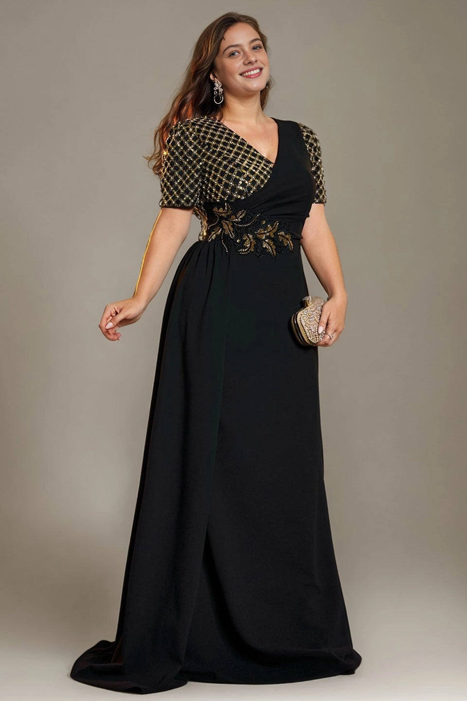 Glamorous Mermaid V-Neck Short-Sleeve Sequin-Back Floor-Length Plus Size Mother Of Bride Dress