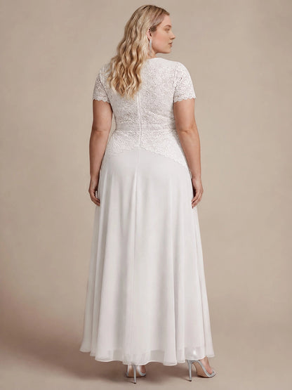 Plus Size Lace Bodice Short Sleeve Round Neck Long Mother of Bride Dress