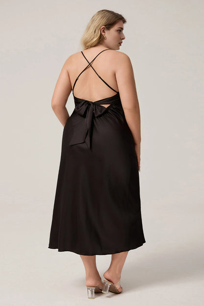 Roselledress plus size cocktail gown criss cross strap bow tie back black satin midi rear view