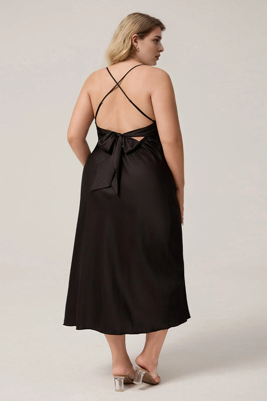 Roselledress plus size cocktail gown criss cross strap bow tie back black satin midi rear view