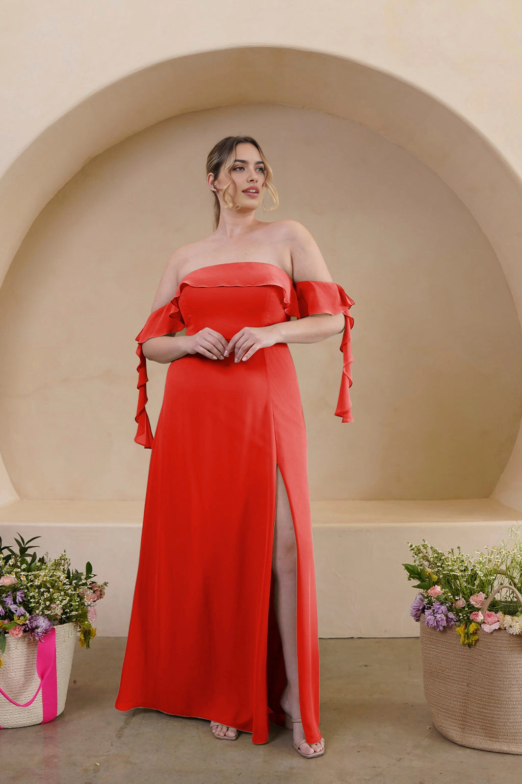 Elegant A-Line Straight Neck Ruffle Sleeve Zipper Back Floor Length Bridesmaid Dress