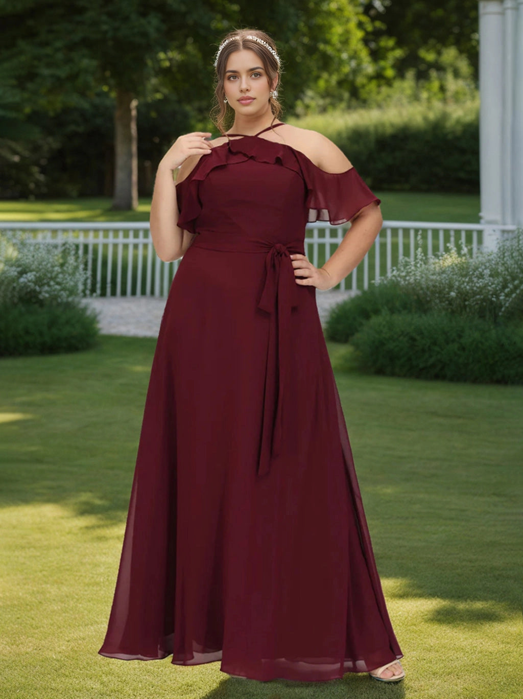 roselledress burgundy chiffon plus size bridesmaid dress halter cold shoulder ruffle sleeve sash tie garden lawn wedding maxi gown