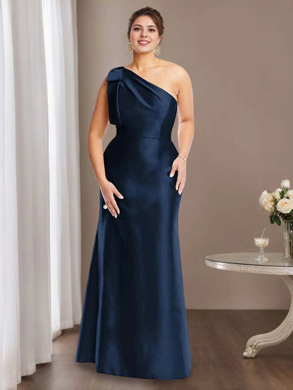 roselledress navy blue plus size mother of the bride floor mermaid satin dress one shoulder large bow hidden side pockets elegant evening wedding formal gown