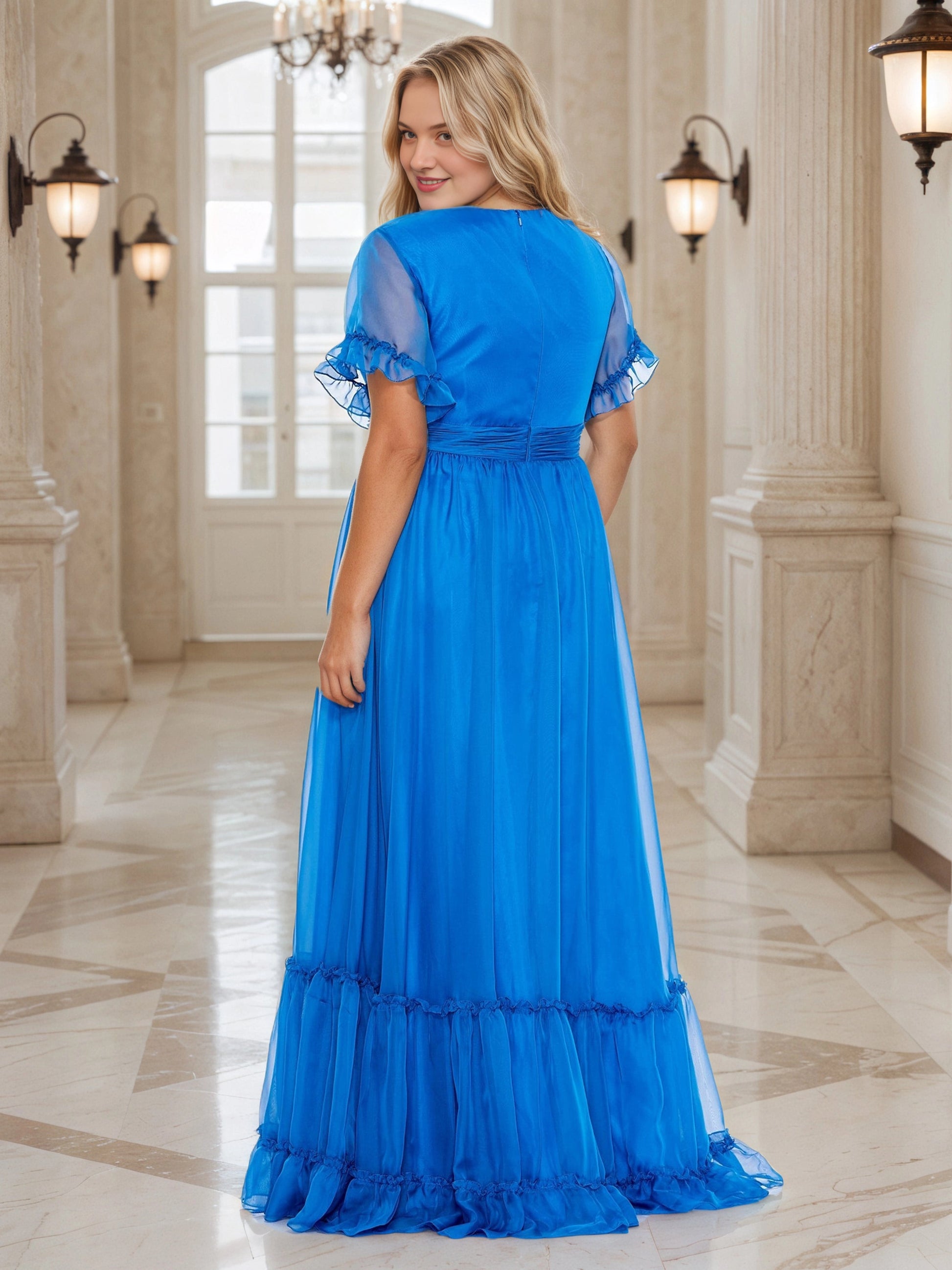 RoselleDress royal blue plus size wedding guest dress v‑neck chiffon maxi back‑zipper tiered ruffle hem back view
