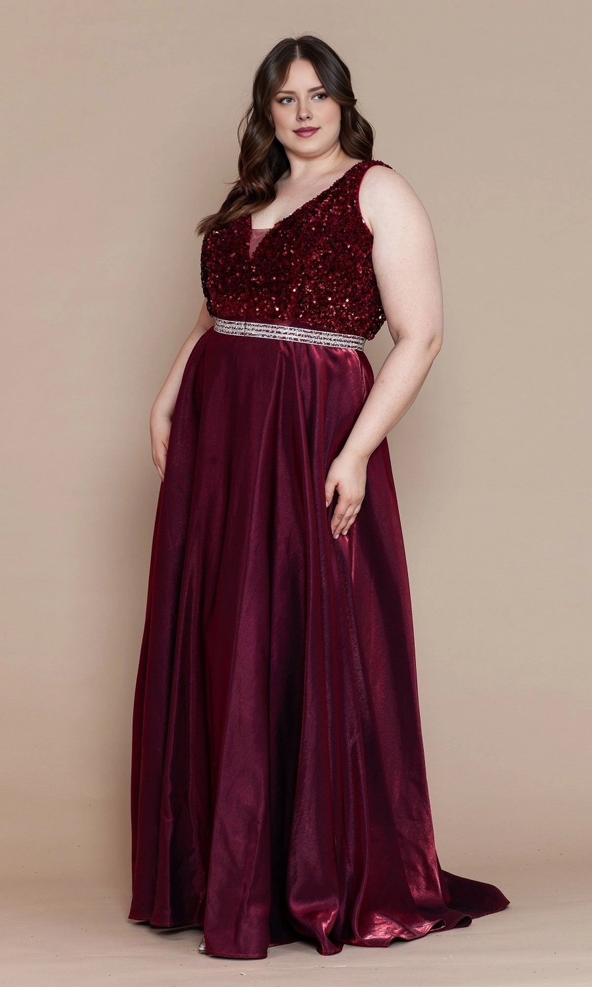 A-Line V-Neck Sleeveless Back Zipper Floor Length Plus Size Sequin Satin Prom Dress