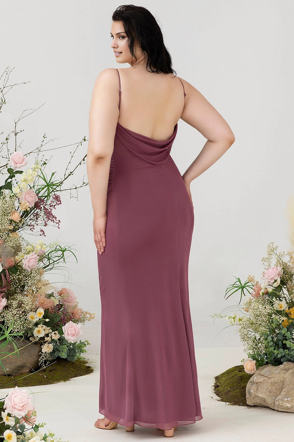 Roselledress chiffon formal dress plus size cowl back adjustable strap maxi wedding guest dress back view