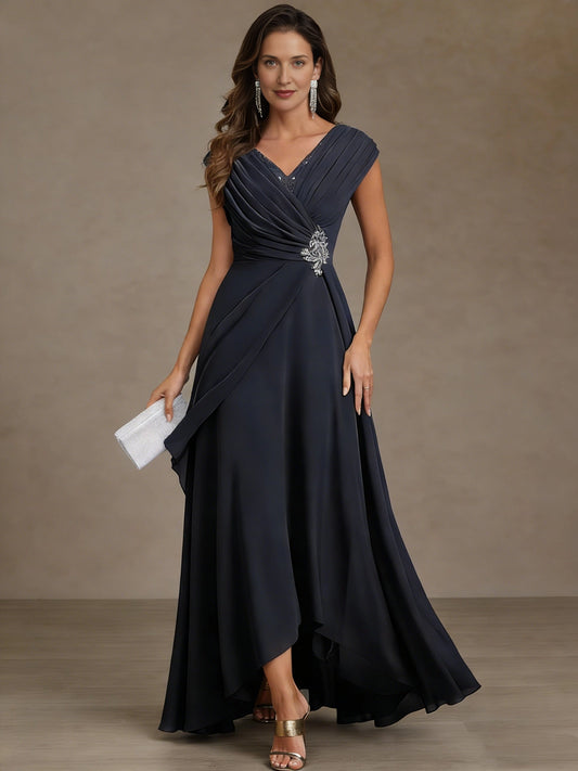 roselledress navy pleated chiffon mother of the bride dresses front view v neck cap sleeve waist crystal appliqué draped overlay floor length evening gown
