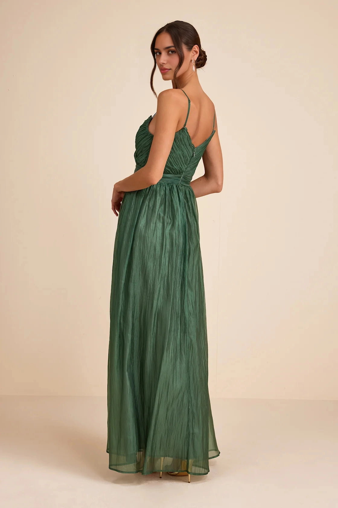 RoselleDress plain v open back forest green shimmer crinkle maxi gown adjustable spaghetti straps back view