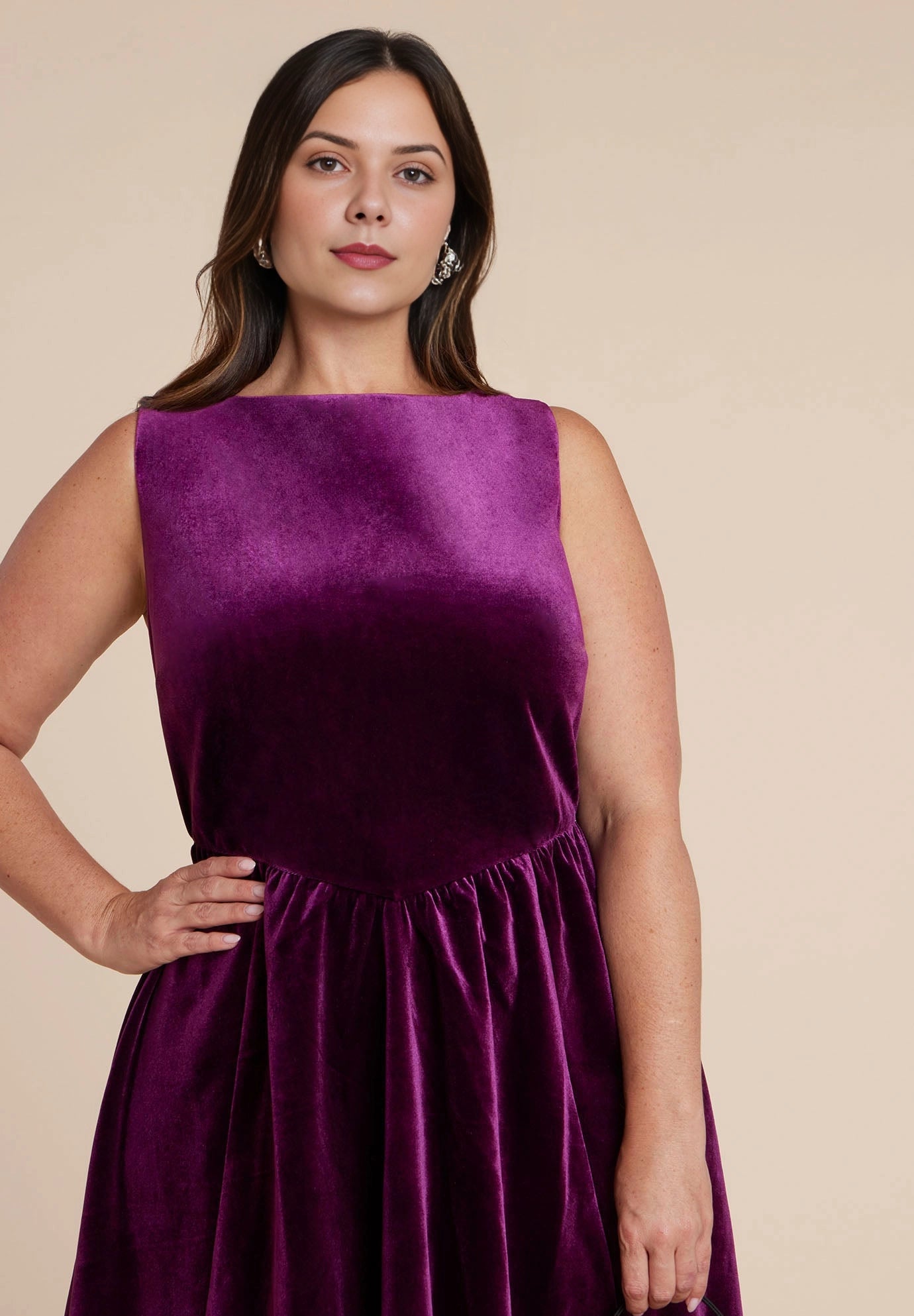 Plum Velvet Sleeveless Boat Neck Midi Plus Size Wedding Guest Dress