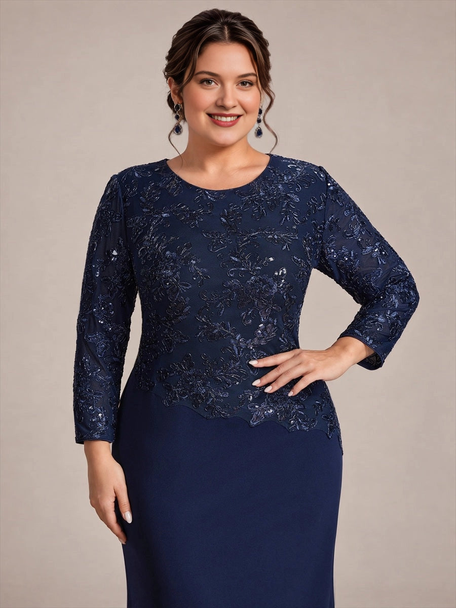Plus Size Sequin Lace Long Sleeve Round Neck Long Mother of Bride Dress