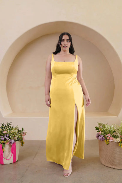 Elegant Sheath Square Neck Sleeveless Scoop Back Floor Length Bridesmaid Dress