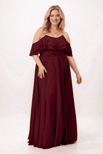 Burgundy chiffon A-line bridesmaid dress with an off-shoulder neckline, double-tiered ruffles and a ruched waist, front view.