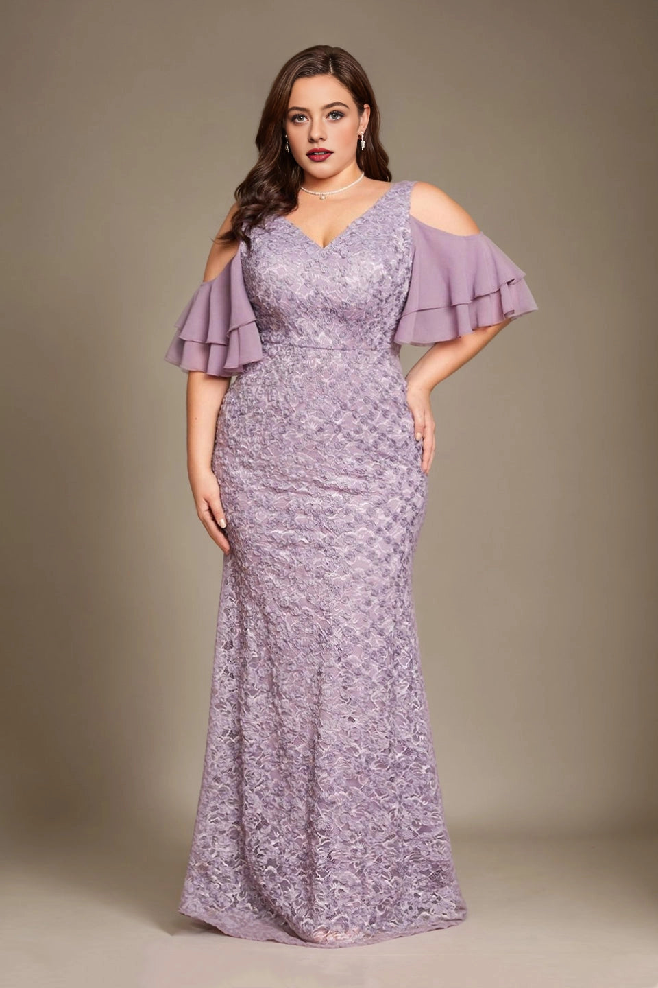 roselledress lavender lace plus size mother dress cold shoulder ruffle sleeve v neck mermaid floor formal gown