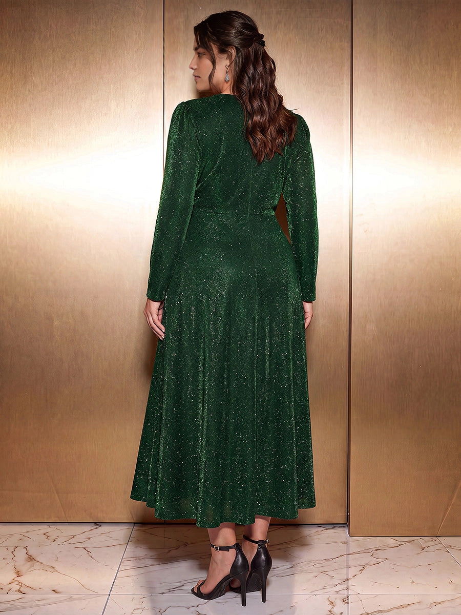Roselledress Olive‑Green Plus‑Size Long‑Sleeve Twist‑Waist A‑Line Midi Mother of the Bride Dress