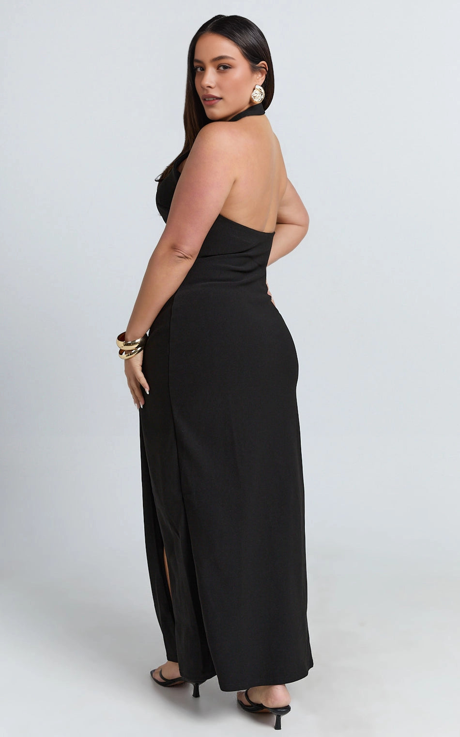 Roselledress open back halter plus size wedding guest dress back view, sleeveless high split evening maxi dress