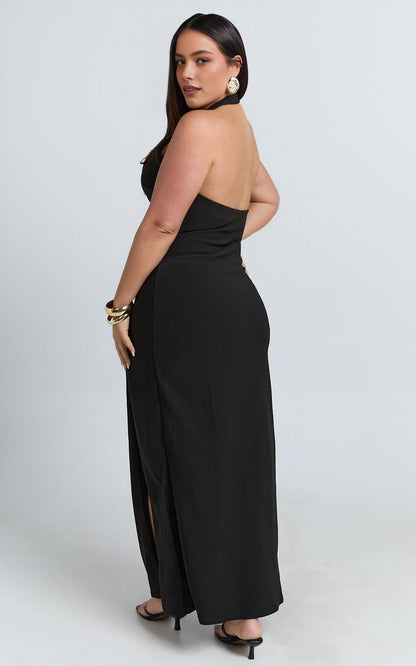 Roselledress open back halter plus size wedding guest dress back view, sleeveless high split evening maxi dress