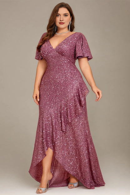 Glamorous Plus Size Sheath V-Neck Short-Sleeve V-Back Long Evening Dress