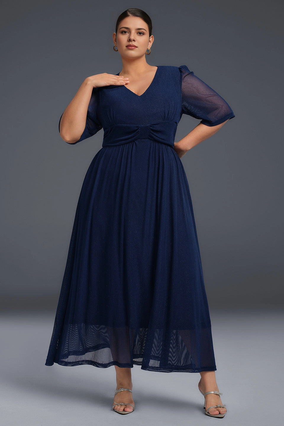 Roselledress navy blue plus size midi evening dress v‑neck 3/4 shimmer mesh a‑line cocktail gown