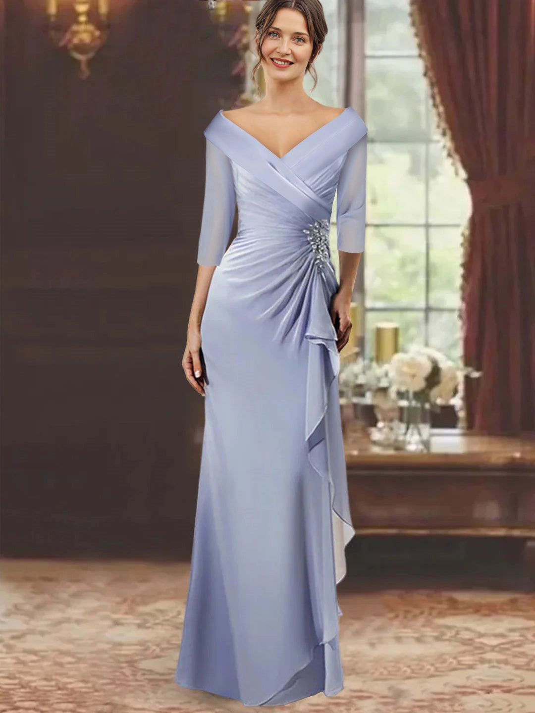 roselledress plum purple satin mermaid mother of the bride dresses front view off shoulder wrap neck three quarter mesh sleeve side ruched beaded ruffle floor length evening gown