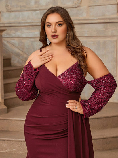 Glamorous Plus Size Sheath V-Neck Long-Sleeve Zip Back Long Burgundy Evening Dress