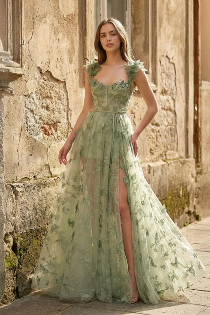 Roselledress sage green tulle bridesmaid dress square floral strap 3D butterfly lace high slit wedding guest gown