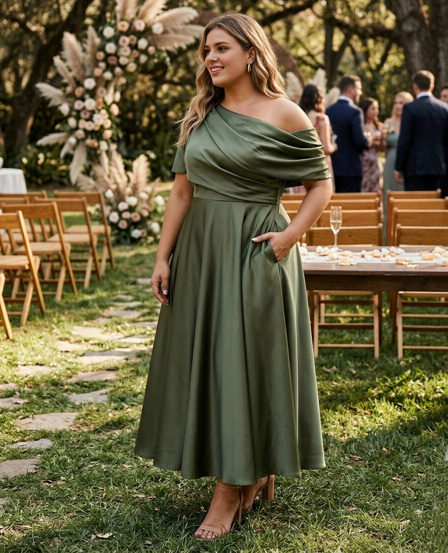 Roselledress olive green satin plus size bridesmaid midi dress one shoulder draped short sleeve A-line skirt with pockets outdoor garden wedding formal gown
