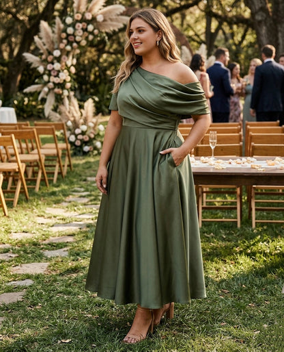 Roselledress olive green satin plus size bridesmaid midi dress one shoulder draped short sleeve A-line skirt with pockets outdoor garden wedding formal gown
