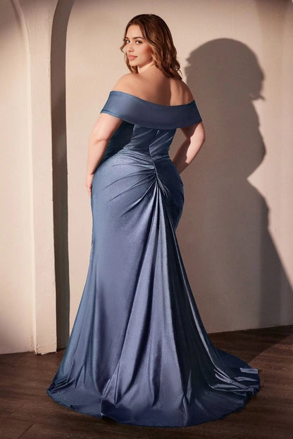 Roselledress Emerald Mermaid Off-The-Shoulder Short-Sleeve Ruched-Back Train-Length Plus Size Prom Dress