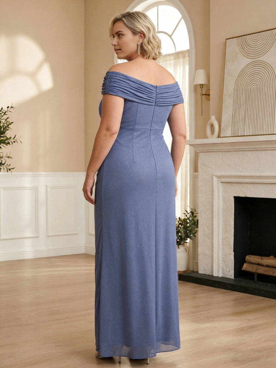 Model wearing roselledress dusty blue glitter mesh wedding guest dress off shoulder invisible zipper back rear view