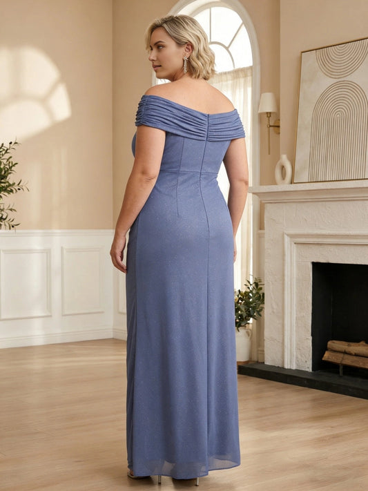 Model wearing roselledress dusty blue glitter mesh wedding guest dress off shoulder invisible zipper back rear view