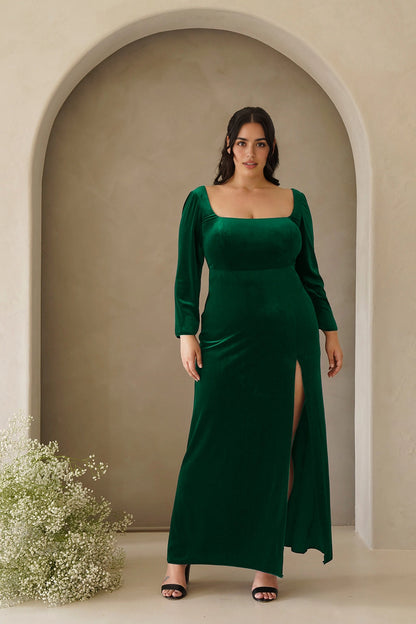 Elegant Sheath Square Neck Long Sleeve Scoop Back Plus Size Evening Dress