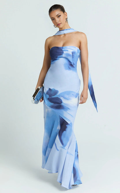 Midi Halter Open Back Floral Print Chiffon Plus Size Wedding Guest Midi Dress